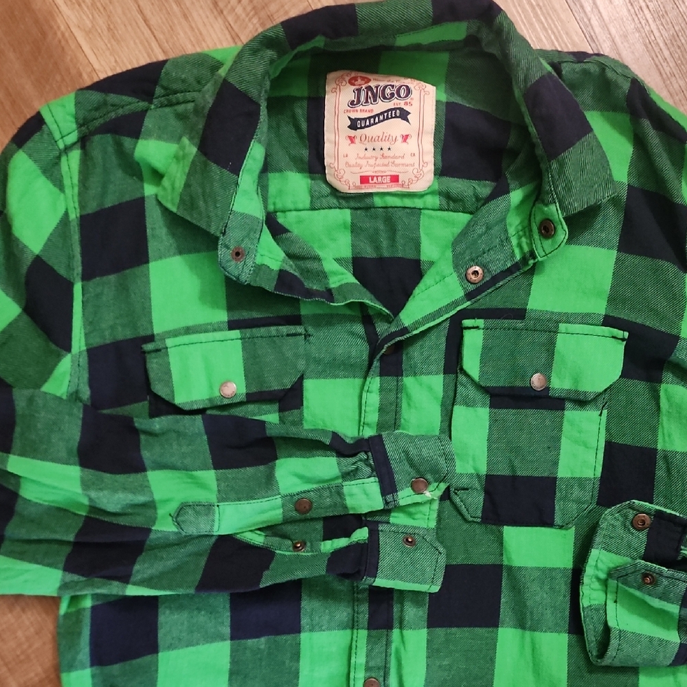 JNCO Green and Black Checkered Casual Button down Shirt - Picture 3 of 8